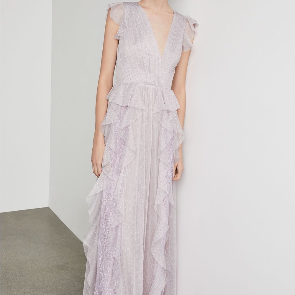 Bcbg Drape Ruffle Lace Tiered Gown - Lavender Mist